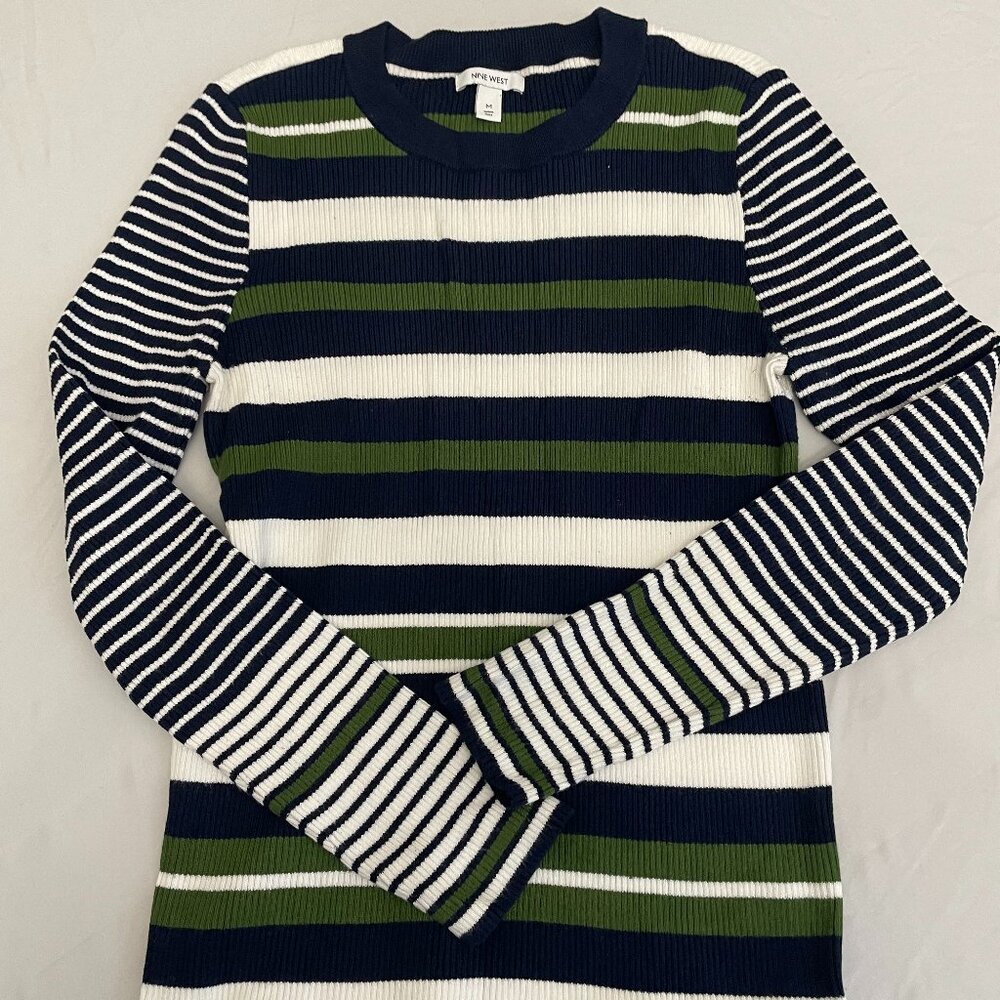Nine West striped, ribbed sweater, white/blue/green, size M